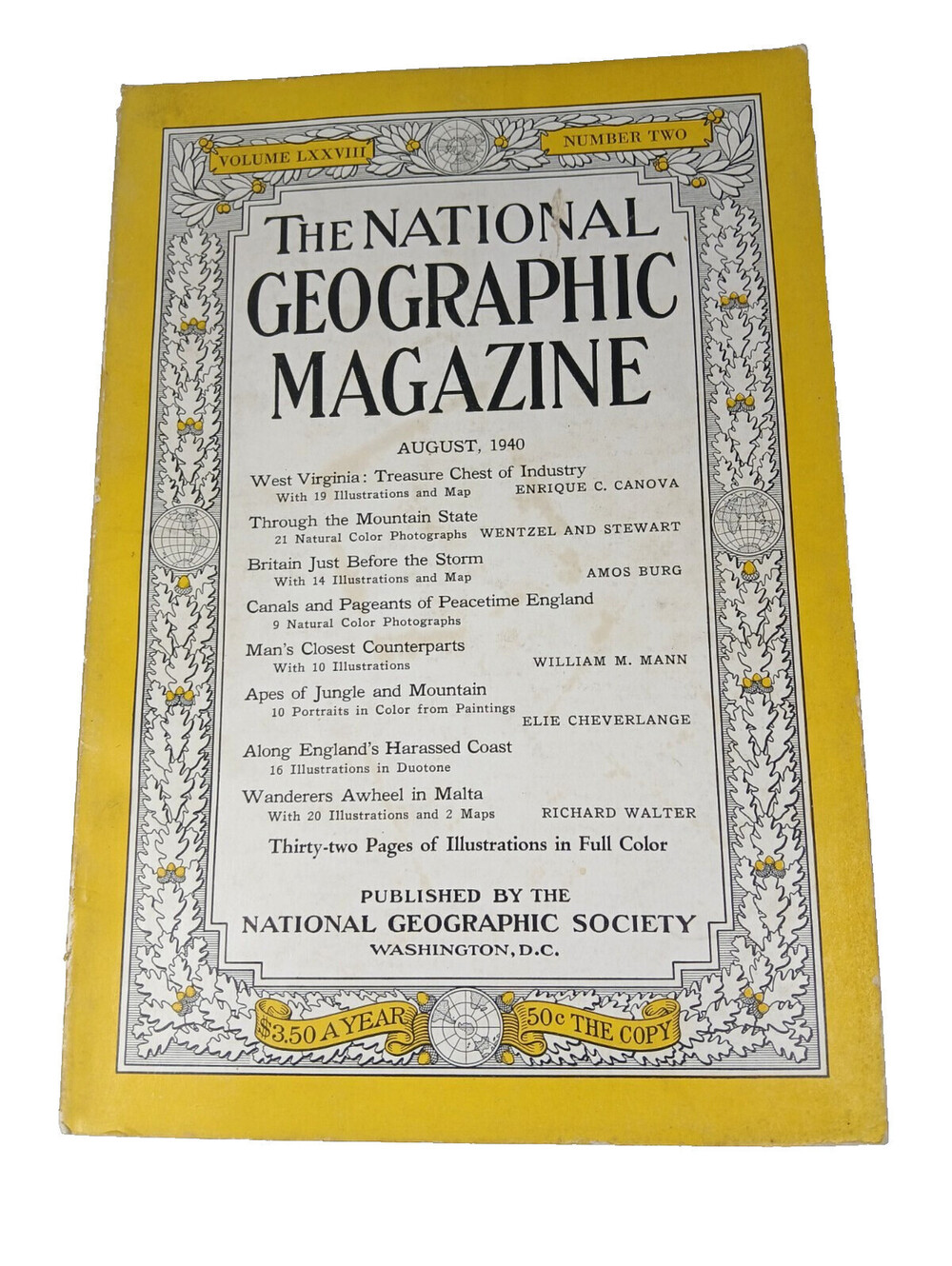 National Geographic Magazine Aug 1940 Vol LXXVIII No 2 Illustrated Malta Apes